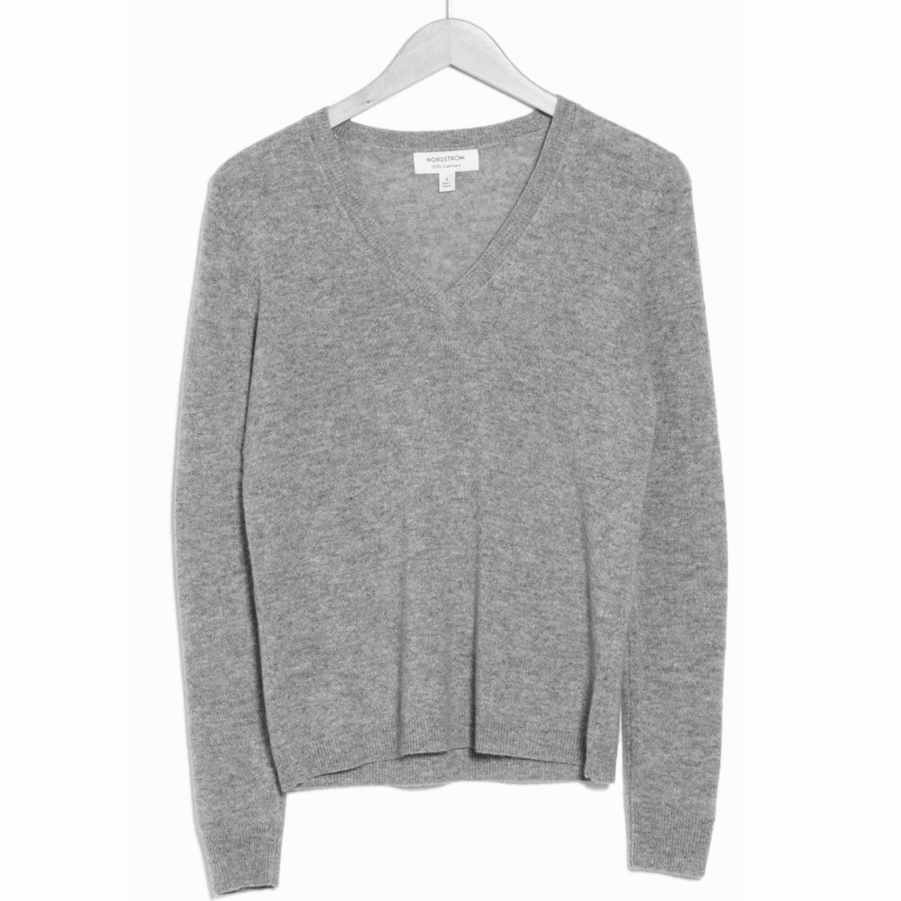 Nordstrom Women's 100% Cashmere Grey Heather V-Neck Sweater - Sz Large, NWT